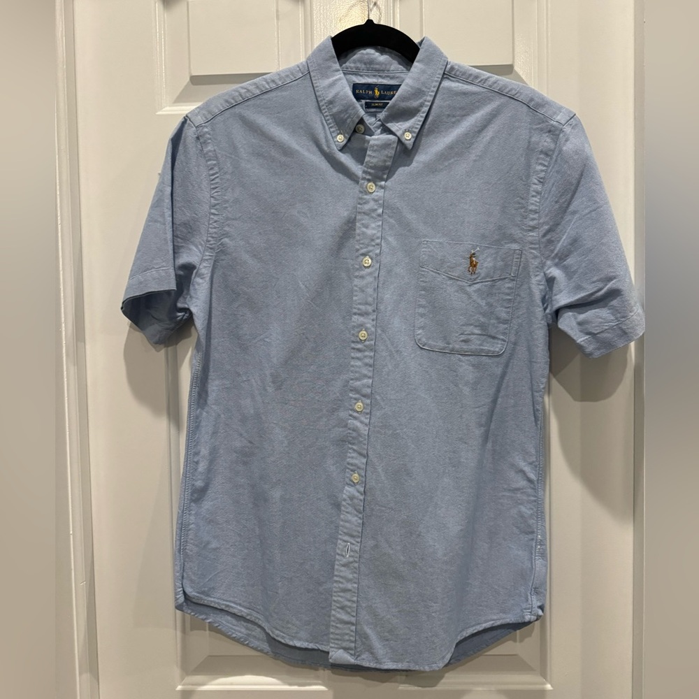Ralph Lauren Men's Light Blue slim fit oxford shirt denim short sleeve chambray